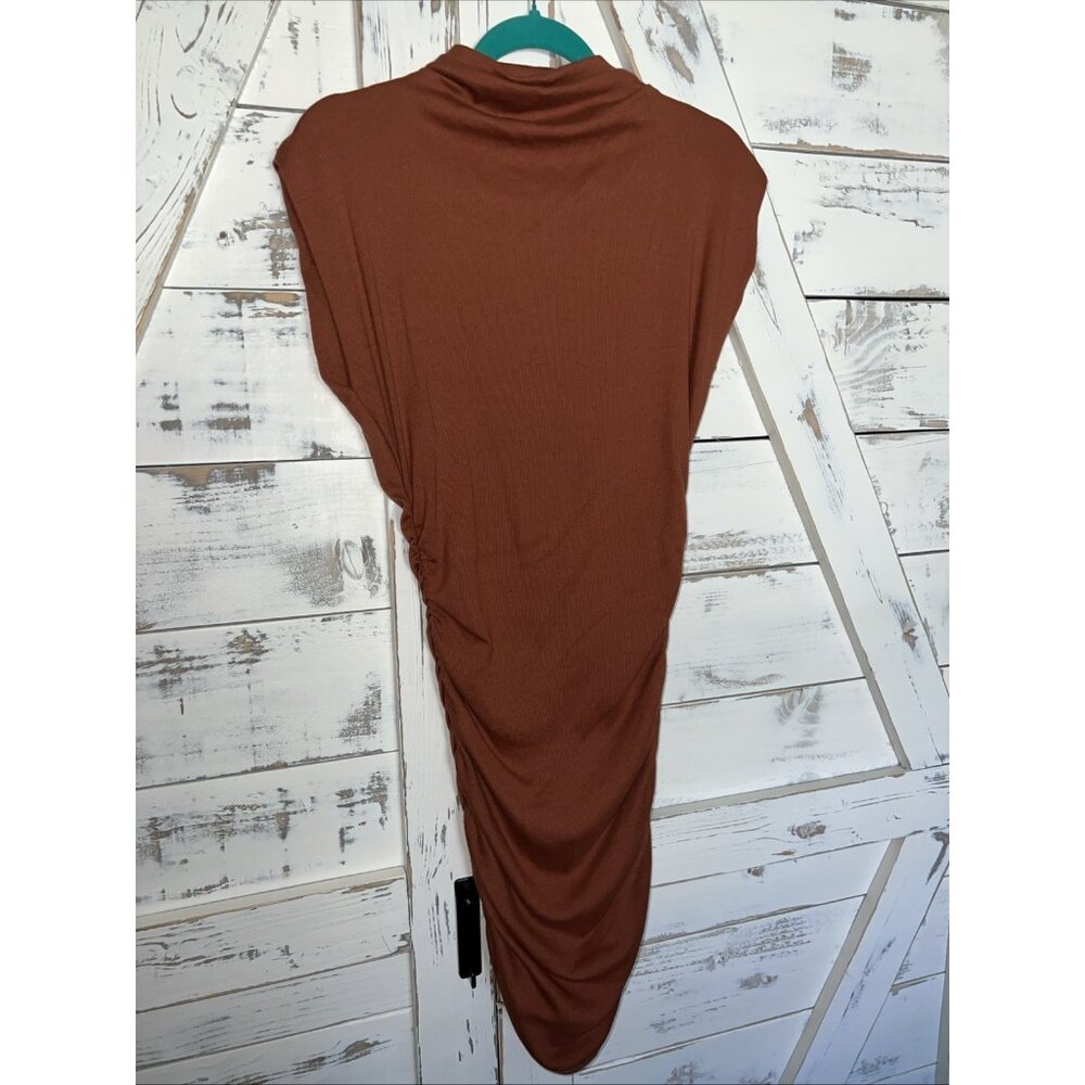 Michael Stars Gia Rib Knit Mock Neck Ruched Mid Legnth Dress M Cap Sleeve Rust - Picture 2 of 11